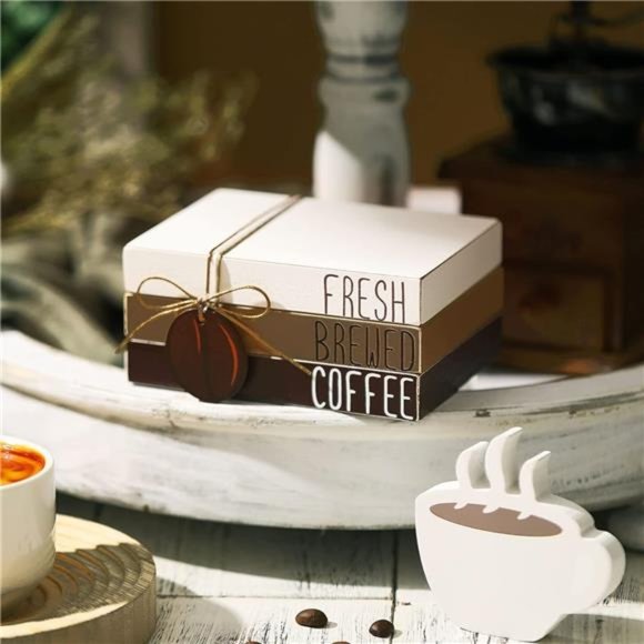 4 Pieces Mini Coffee Bar Sign Decor Accessories Coffee Tiered Tray Décor, Wooden - Picture 2 of 5